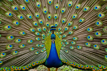 Obraz premium Majestic Indian peacock displaying its vibrant, iridescent tail feathers in full plumage. A stunning close-up showcasing intricate detail and rich colors.