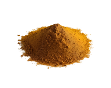 A mound of vibrant curry powder artfully arranged on a pristine white surface, showcasing its rich texture and warm hues for culinary and creative applications