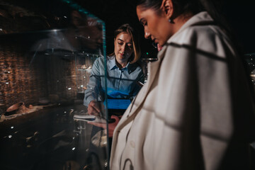 Two women viewing ancient artifacts displayed in a museum exhibit, showcasing cultural heritage and...
