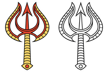Color trident weapon and blank trident line art appear side by side against white