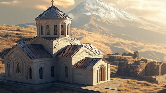 Armenian church with Mount Ararat in the background, hyperrealistic photo. Armenia was the first to adopt Christianity.