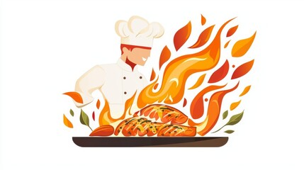 A vibrant illustration of a chef passionately cooking a delicious meal amidst flames, capturing culinary art.