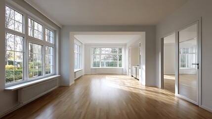 Fototapeta premium Sunlit empty room with hardwood floors and large windows