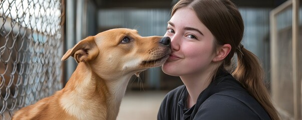A young woman receives a gentle kiss from a dog
