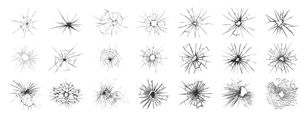 Realistic Broken and Shattered Glass Vector Set Isolated on Transparent. High Resolution Crack and Bullet Hole Vector Effects