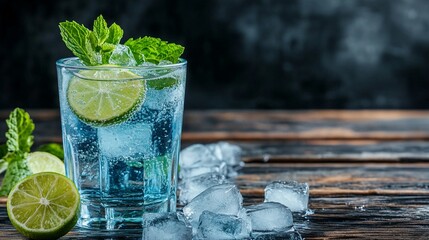 Refreshing blue cocktail with lime and mint, sparkling ice-cold beverage on rustic wooden surface, perfect summer drink invitation