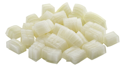 A collection of white onions arranged on a white background, emphasizing their clean, simple appearance | Chopped onion on transparent Background