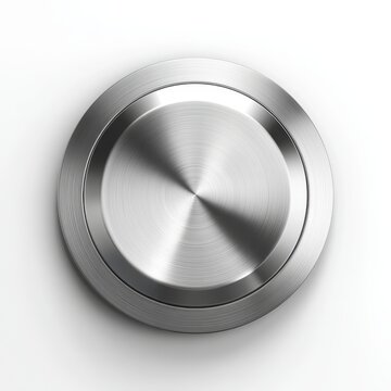 A round, metallic button or knob with a brushed steel texture, viewed from above, set against a white background.