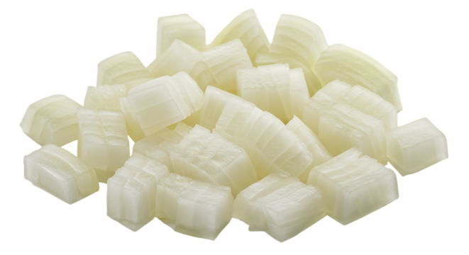 A collection of white onions arranged on a white background, emphasizing their clean, simple appearance | Chopped onion on transparent Background