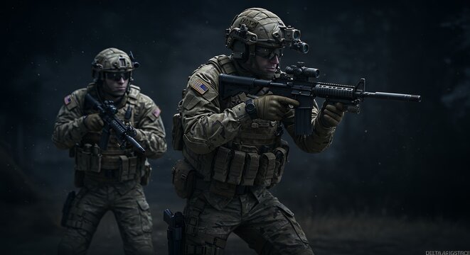 Soldiers aiming rifles in a tactical environment