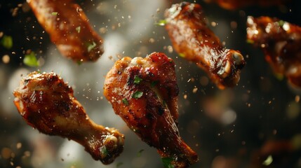 Slow Motion Shot of Grilled Chicken Wings with Aromatic Spices and Blurred Background &ndash; Perfect for Tasty and Fun Food Ads.