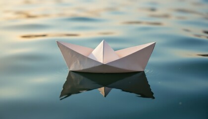 Obraz premium A serene image of a paper boat floating gently on calm water, reflecting soft light, evoking a sense of tranquility and creativity.