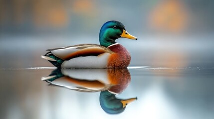 Obraz premium A male mallard duck glides across a still pond, showcasing its vibrant plumage and a perfect reflection