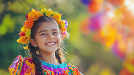 Joyful Young Girl Enjoying Cinco de Mayo in Festive Mexican Attire