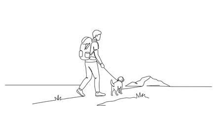 Man walking a dog in nature with a backpack  