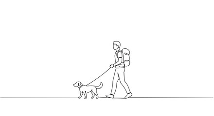 Person walking dog on leash against minimalistic background  