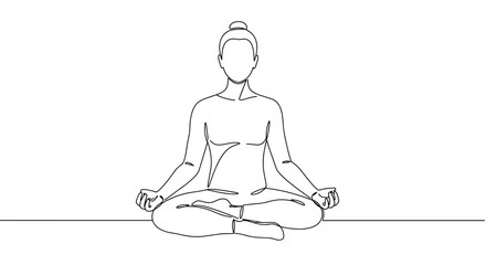 Minimalist line drawing of a person meditating in a serene setting  