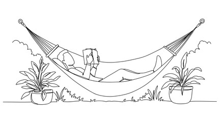 Relaxed person reading a book in a hammock surrounded by plants  