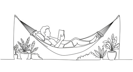 Relaxed person reading a book in a hammock surrounded by plants  