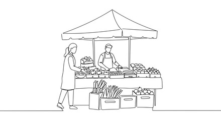 Farmers market scene with vendors selling fresh produce  