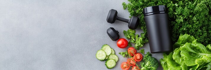 Healthy lifestyle with fresh fruits and vegetables, dumbbell, and a supplement container