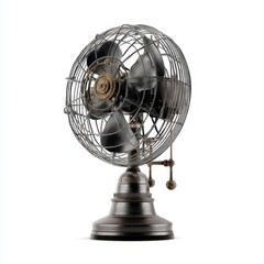 Vintage metal electric fan with a protective wire cage and pull chain, standing on a solid base against a plain white background.