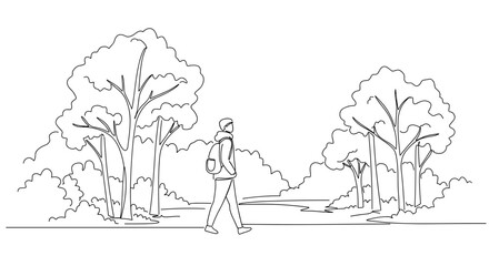 Person walking through a serene forest landscape in line art  