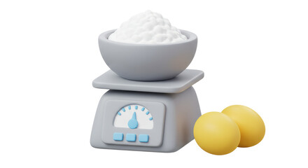 Isolated Kitchen Scale Weighing Flour with Fresh Eggs Beside It