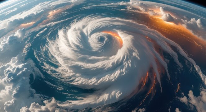 A powerful fiery hurricane or cyclone as seen from a high altitude, showcasing its swirling cloud formations and central eye over the ocean 
