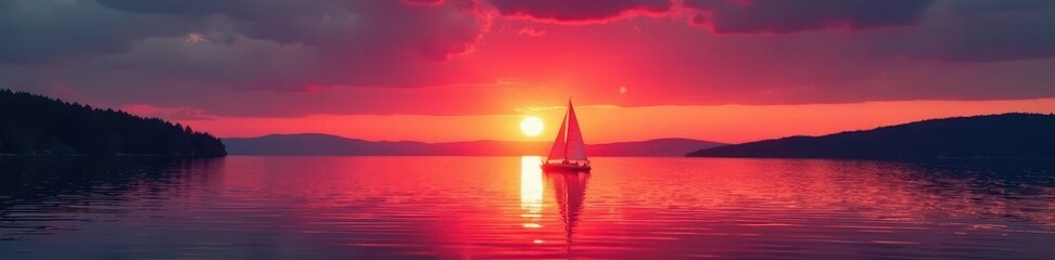 Crimson sun dips below Lake Superior's horizon; lone sailboat glides peacefully , orange, navigation