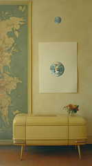 Interior view with world map framed earth picture a cream-colored cabinet and a flower vase on it