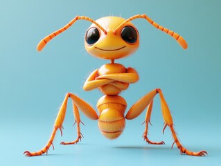 Cartoon yellow ant with crossed arms, posing on a blue backdrop, for advertising or education