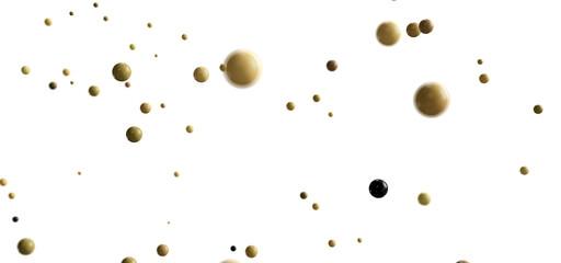 Abstract background image with beige and black spheres of varying sizes floating on a white background.