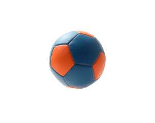 A vibrant handball, featuring striking blue and orange panels, is gently illuminated, highlighting its texture and form against a plain setting, simple aesthetics