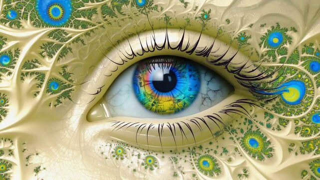Extreme close-up eye, pupil expanding into infinite fractal patterns, colorful mathematical recursion, hypnotic psychedelic style, sharp details, sci-fi surreal aesthetic, soft cinematic glow 4k video