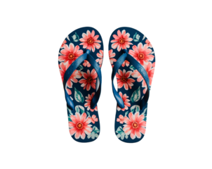 A vibrant pair of flower-patterned flip-flops evokes the essence of summer beach days, a simple pleasure beautifully captured, hinting at relaxation and vacation vibes