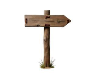 A weathered wooden signpost with an arrow pointing towards the right, adorned with rustic metal accents, suggesting a path to follow or a direction in an outdoor setting