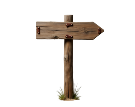 A weathered wooden signpost with an arrow pointing towards the right, adorned with rustic metal accents, suggesting a path to follow or a direction in an outdoor setting