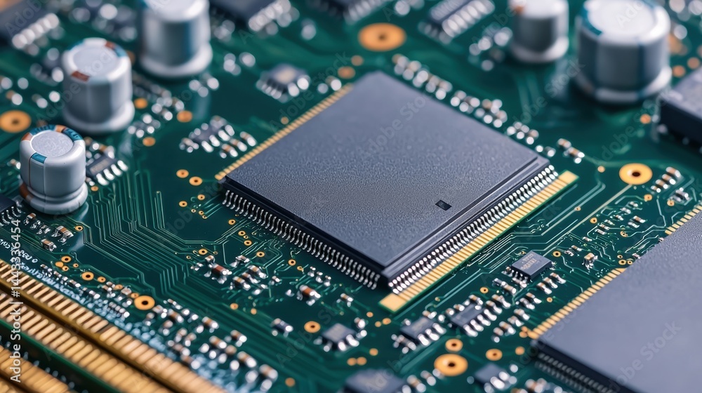 Poster rare earth electronics concept, high performance computer processors on a circuit board with advance
