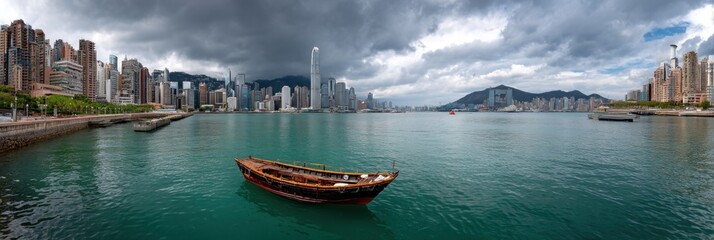 Hong Kong harbor cityscape under a cloudy sky