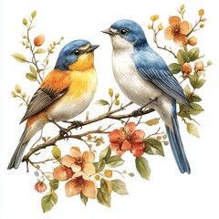 Colorful Birds, Watercolor style Isolate on White Background