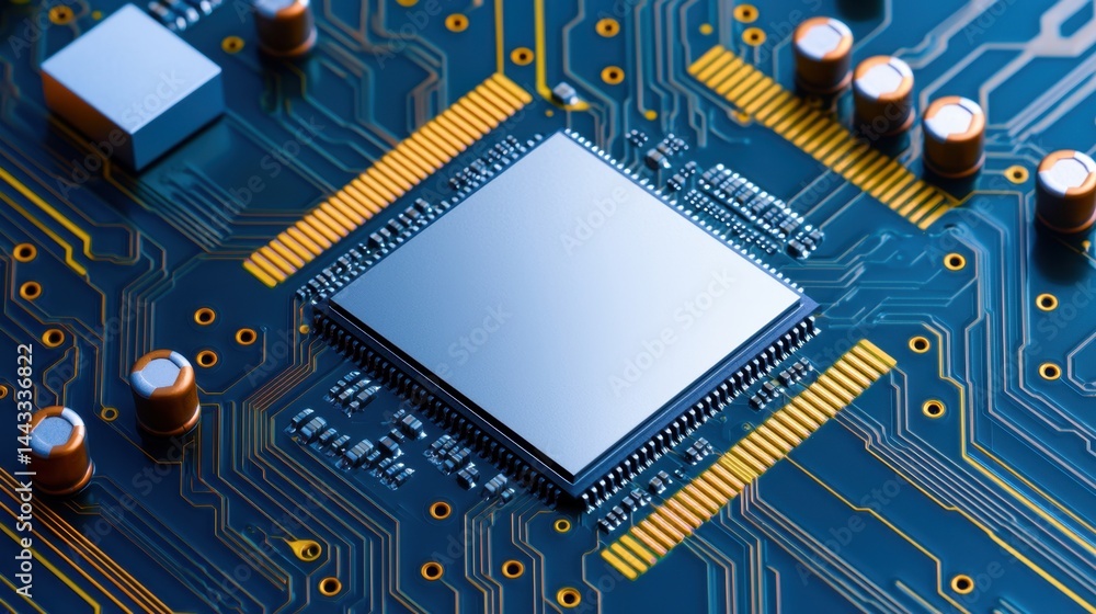 Poster rare earth electronics concept, high performance computer processors on circuit board for advanced t