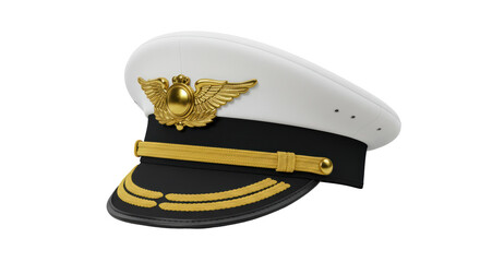 Isolated White Pilot Hat with Gold Emblem