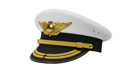 Isolated White Pilot Hat with Gold Emblem