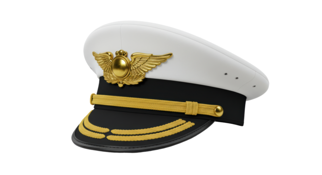 Isolated White Pilot Hat with Gold Emblem
