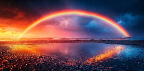 Fototapeta premium Vivid Rainbow Over Ocean at Sunset Nature Photography Dramatic Sky Serene Waterscape
