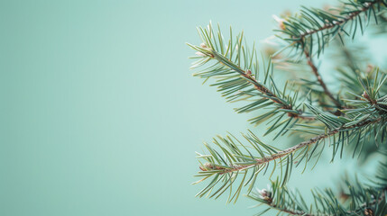 Obraz premium Pine branch with needles isolated on pale teal background, showcasing its natural beauty and tranquility