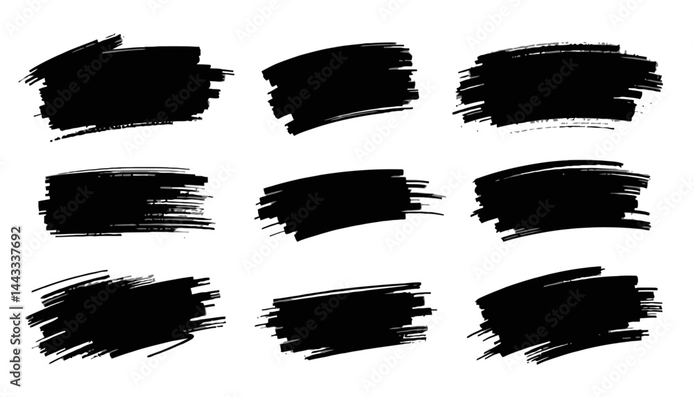Aufkleber ink brush strokes set: a collection of dynamic, hand-painted ink brush strokes in various shapes and