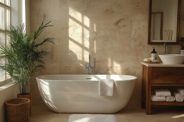 Salle de bain lumineuse avec baignoire blanche, meuble en bois et plantes vertes, ambiance naturelle et zen en lumière du matin, illustration intérieure haut de gamme