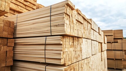 Stacked lumber beams in a warehouse